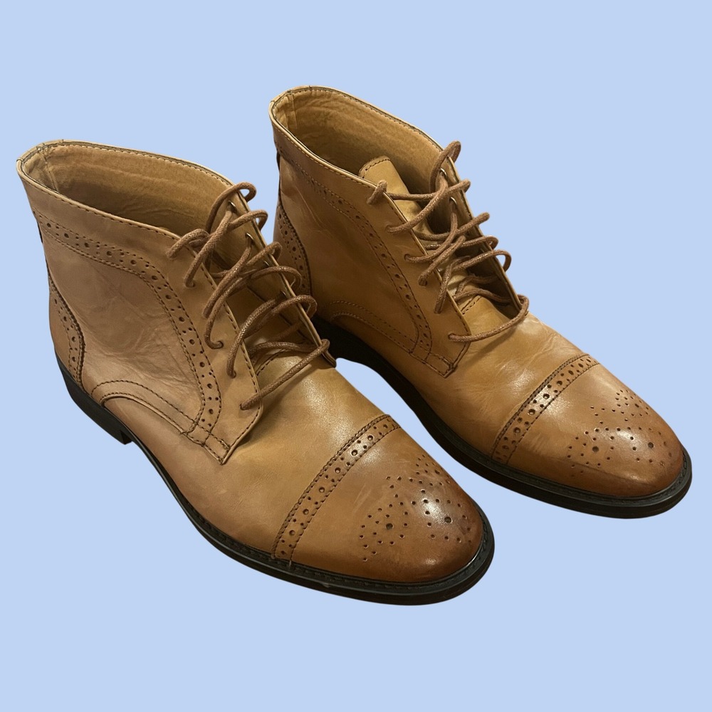 La Milano Mens Patina Tan Leather Wingtip Brogue Cap Toe Ankle Boots Size 9.5